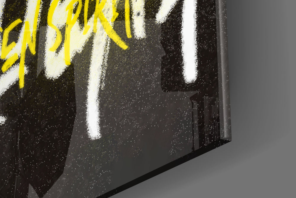 Grunge artwork anchoring a wall with sulfur-and-onyx palette