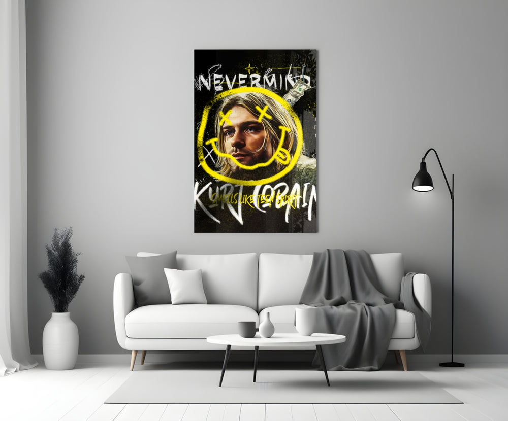 Cobain close-up showing yellow Nirvana smiley over portrait with Nevermind tag