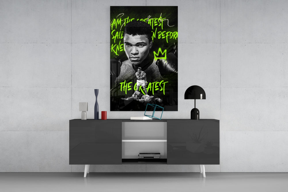 Ali panel catching lamp light to reveal its champion poster