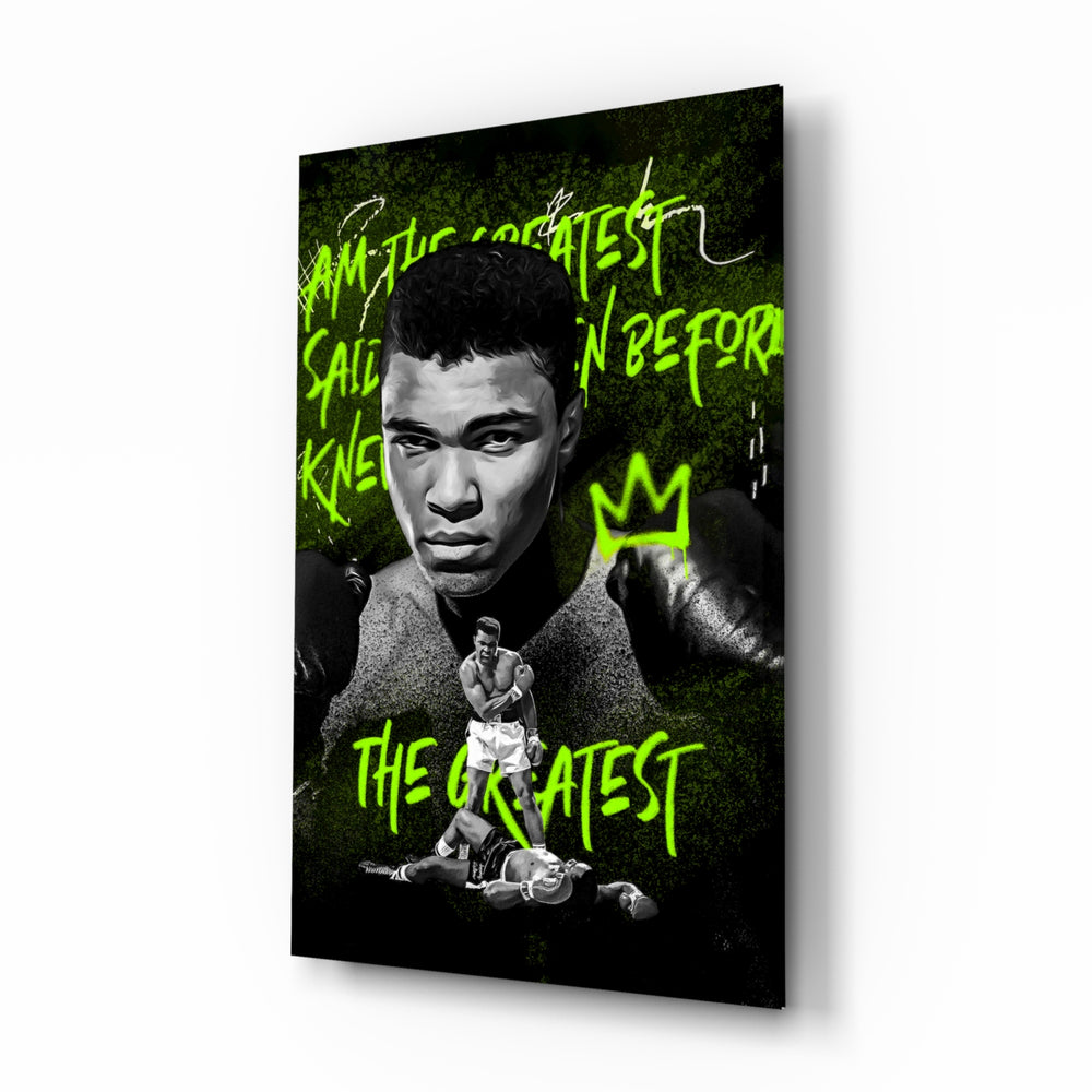 Muhammad Ali glass wall art displayed above a leather sofa in a man cave with championship pulse