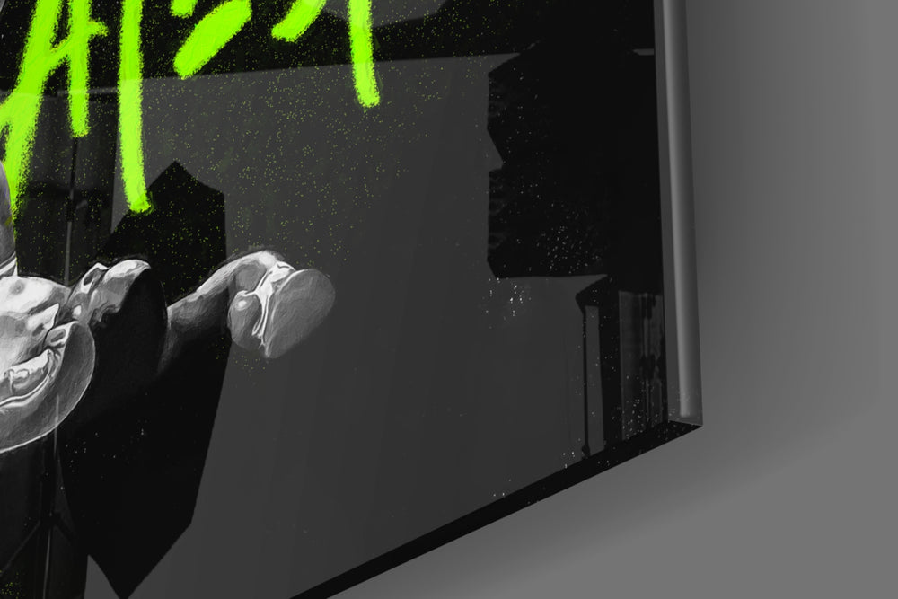 Boxing legend artwork anchoring a wall with chartreuse-and-onyx palette