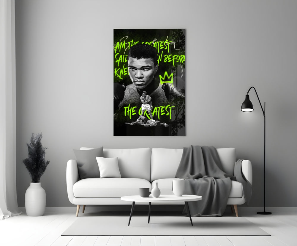 Ali close-up showing fixed gaze and 'I am the Greatest' chartreuse graffiti