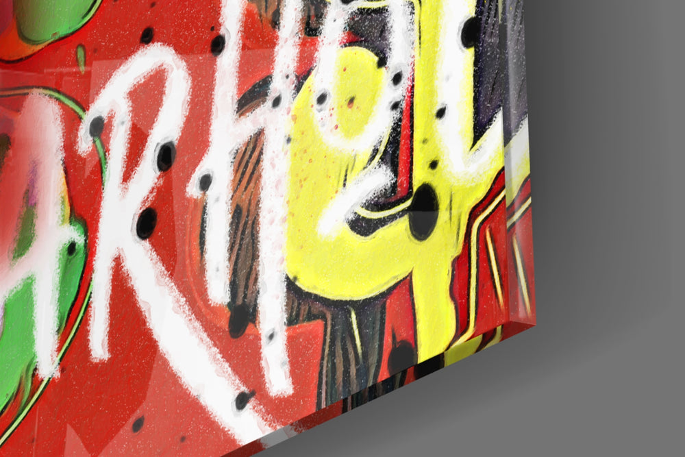 Money-icon artwork anchoring a wall with vermilion-and-cyan palette