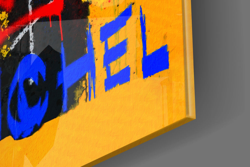 Skull-crown artwork anchoring a wall with saffron-and-cobalt palette