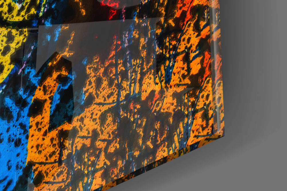 Busted-skull artwork anchoring a wall with cobalt-and-saffron palette