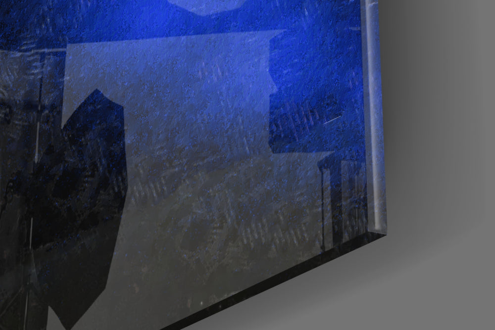 Split-self artwork anchoring a wall with scarlet-and-cobalt palette