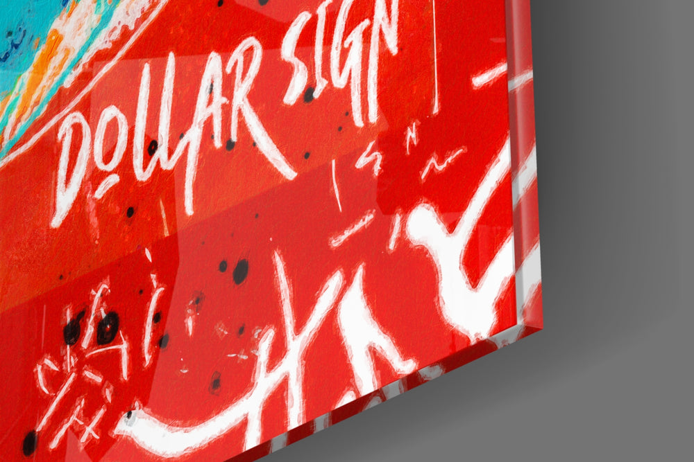 Money-icon artwork anchoring a wall with vermilion-and-teal palette