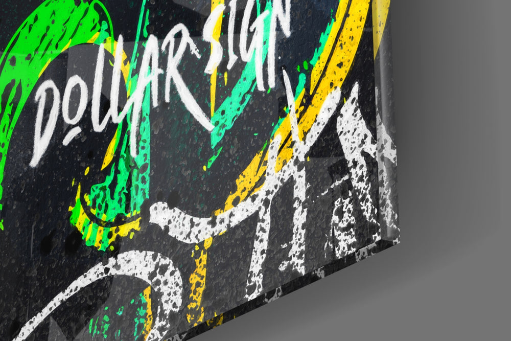 Multi-dollar artwork anchoring a wall with neon-and-onyx palette