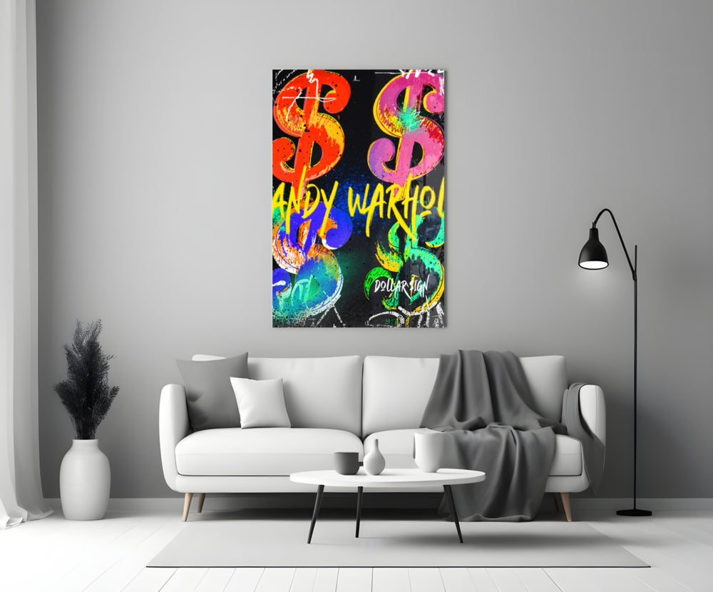 Multi-dollar close-up showing neon strokes in pop-art repeat on black ground