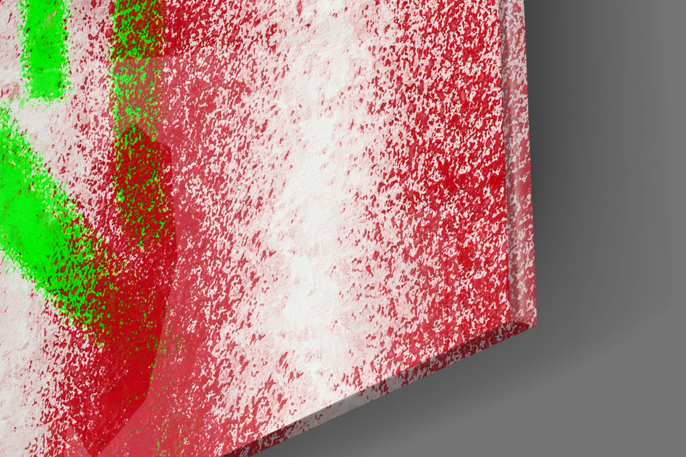 Stop-shot artwork anchoring a wall with scarlet-and-chartreuse palette