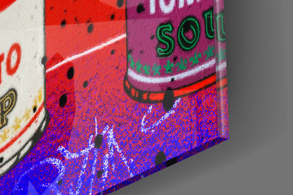 Campbell's icon artwork anchoring a wall with vermilion-and-pop-color palette