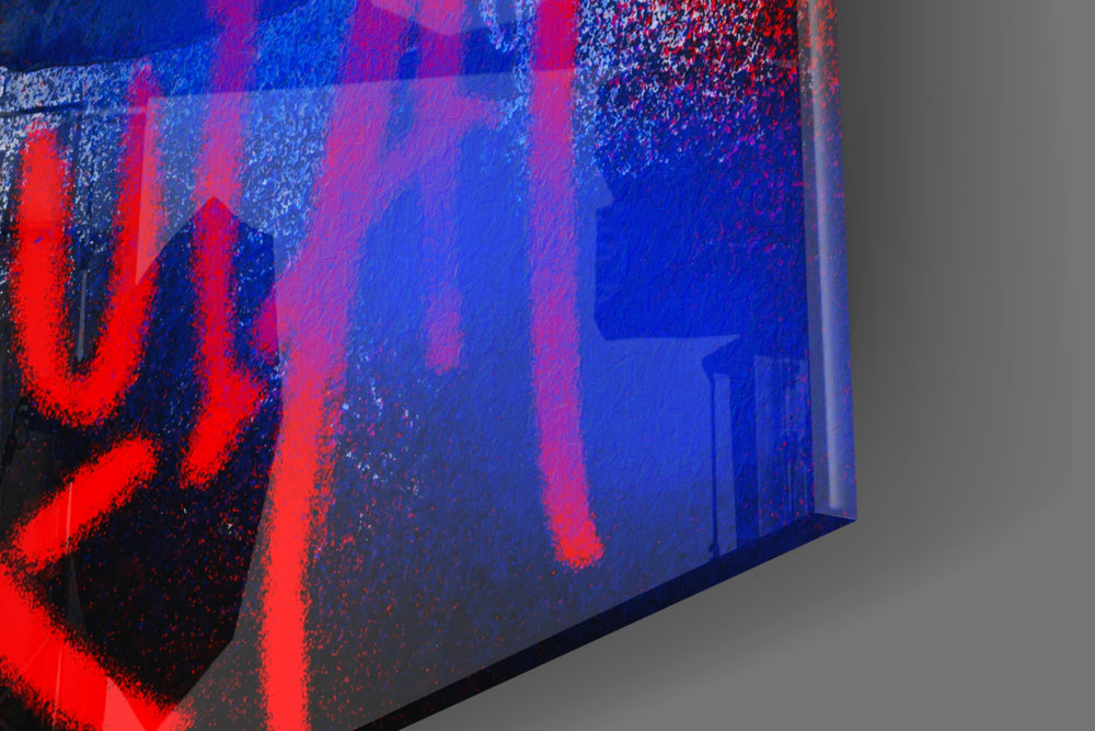 Factory-rivalry artwork anchoring a wall with cobalt-and-scarlet palette