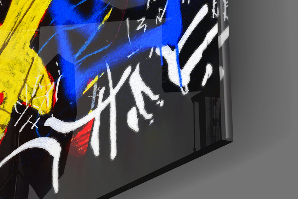 Raised-hand artwork anchoring a wall with sapphire-and-saffron palette