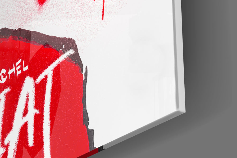 Self-portrait artwork anchoring a wall with scarlet-and-chalk palette