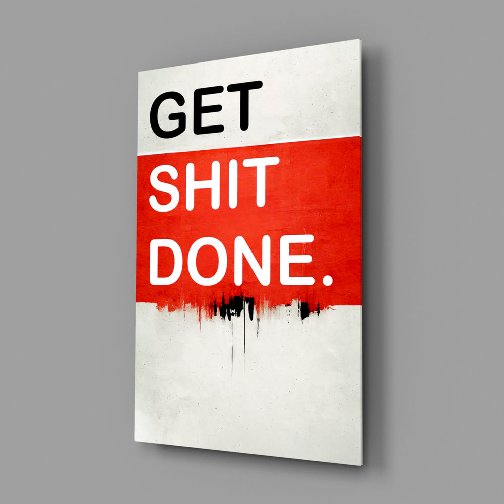 Hustle-mantra panel bringing graphic punch to a co-working corner