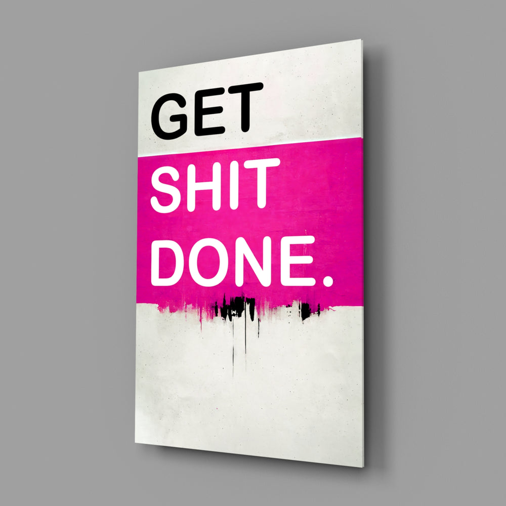 Hustle-mantra panel bringing graphic punch to a co-working corner