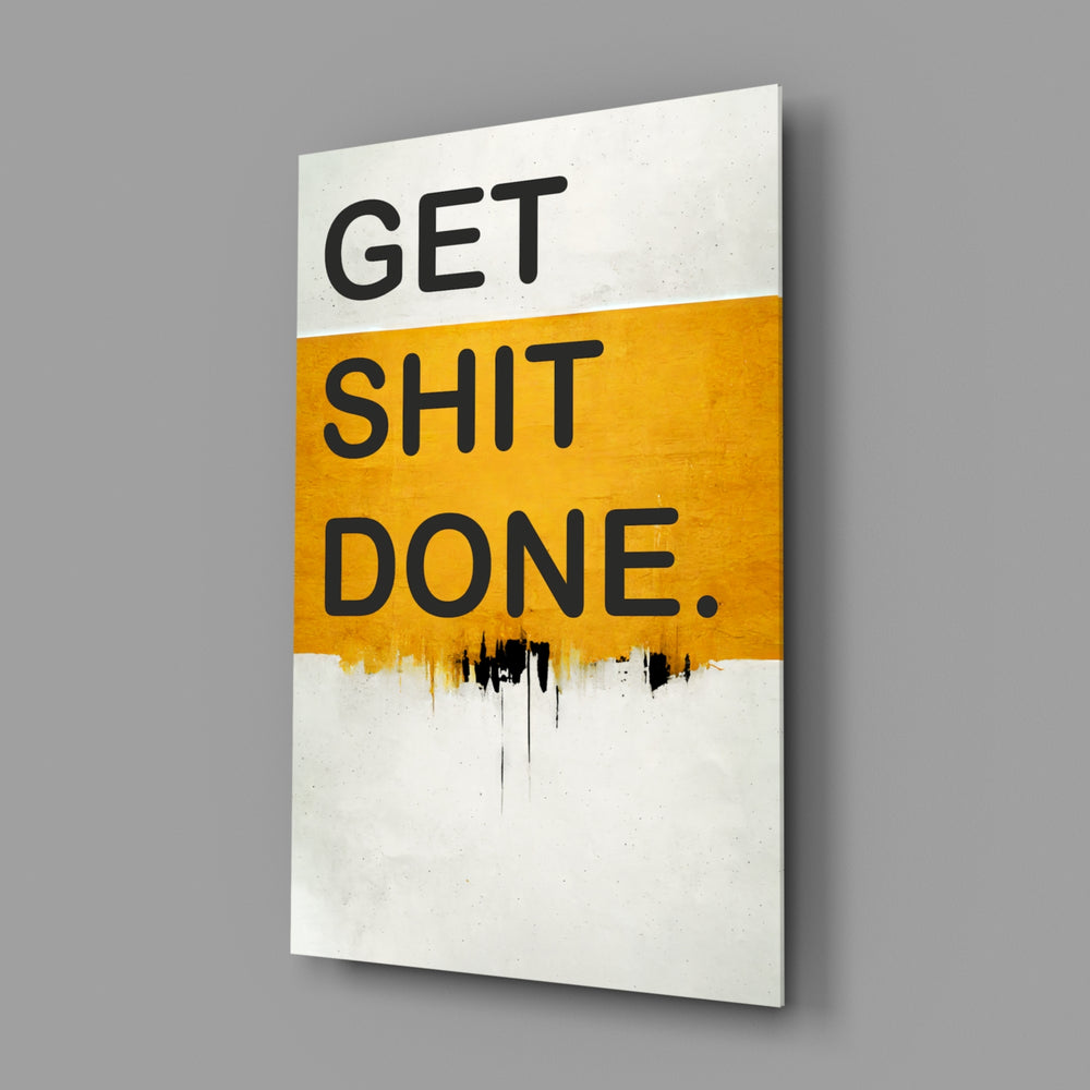 Hustle-mantra panel bringing graphic punch to a co-working corner