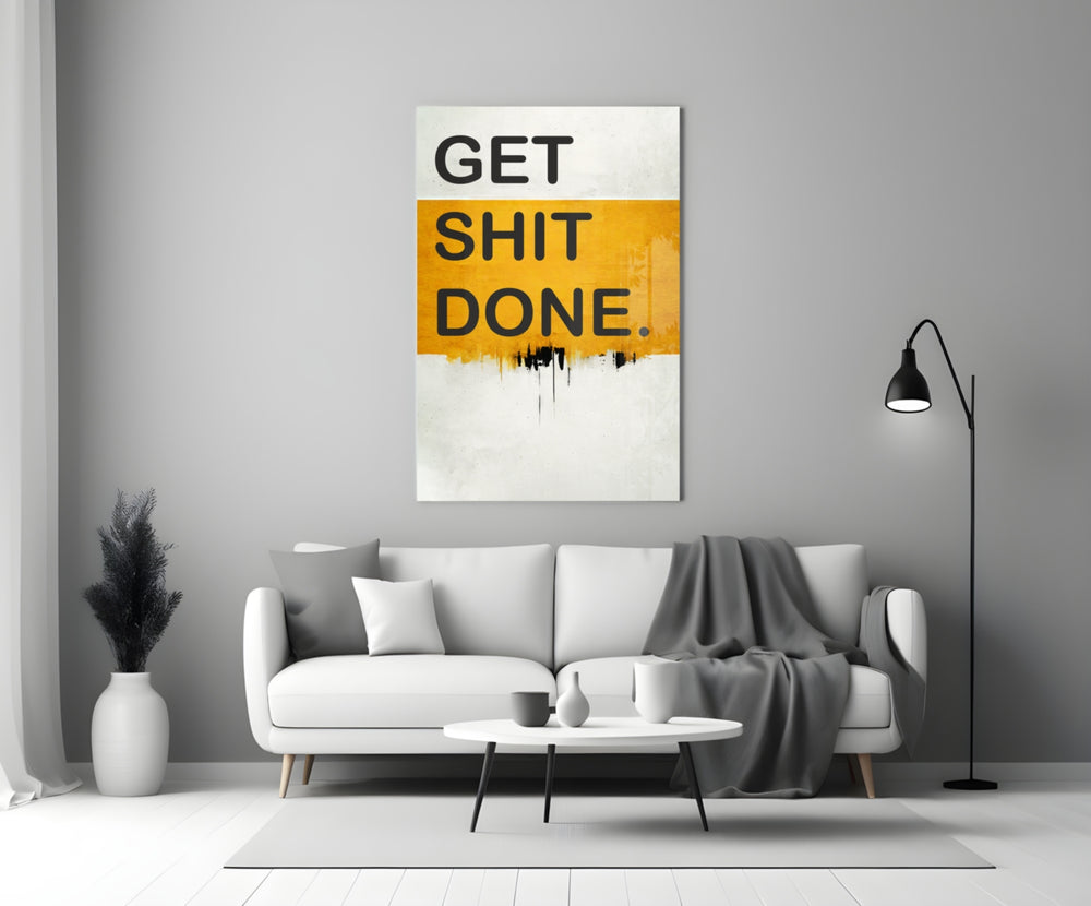 Get Shit Done close-up showing saffron-mustard block band and black drip on cream
