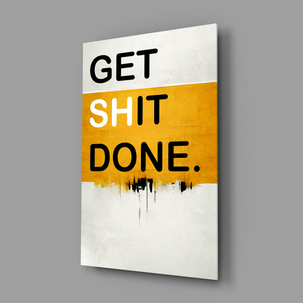 Hustle-mantra panel bringing graphic wink to a co-working corner