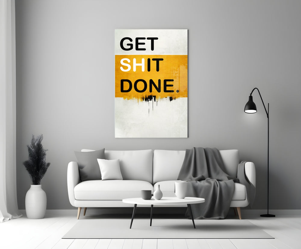 Get Shit Done close-up showing saffron block band with reversed white I letter