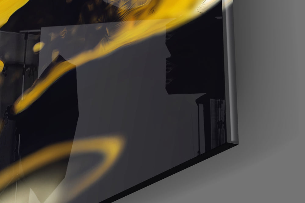 Marbled-pour artwork anchoring a wall with onyx-and-gold palette