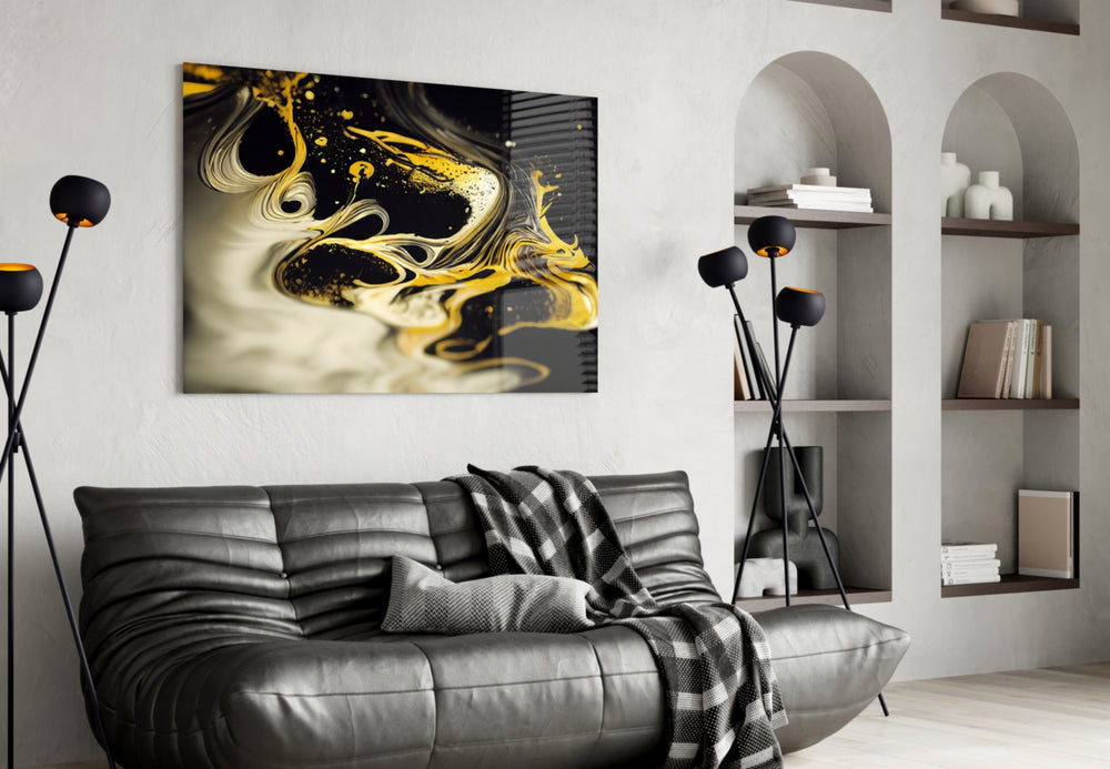 Golden Splash glass wall art styled above a console in a hotel lobby