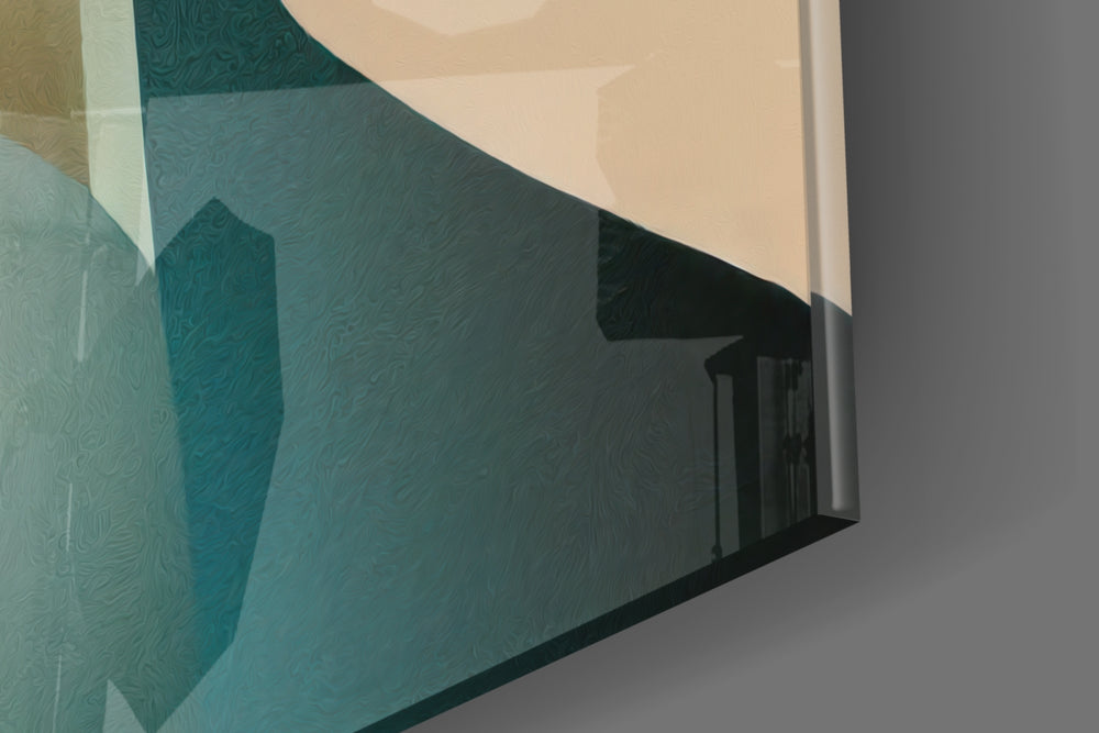 Bauhaus-headdress artwork anchoring a wall with beige-and-scarlet palette