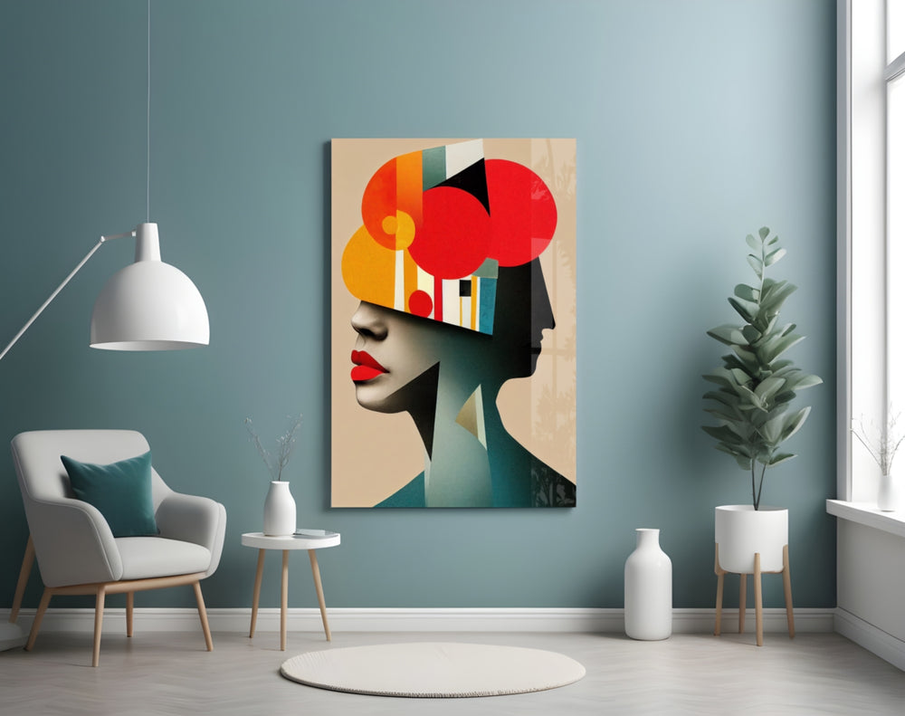 Geometric Thoughts glass wall art styled above a velvet bench in a gallery wall