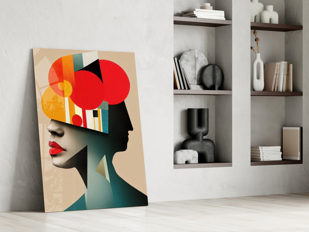 Geometric Thoughts glass print enhancing a vanity nook with modernist palette