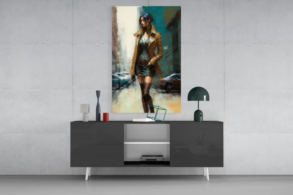 Pose Womanly panel catching lamp light to reveal its painterly grit