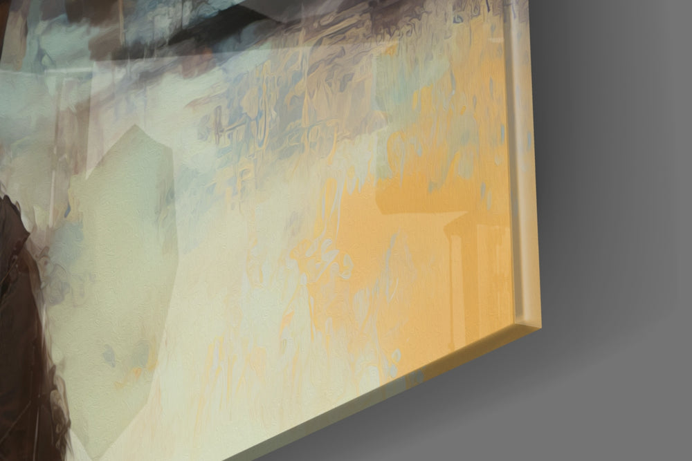 City-muse artwork anchoring a wall with tan-and-teal palette