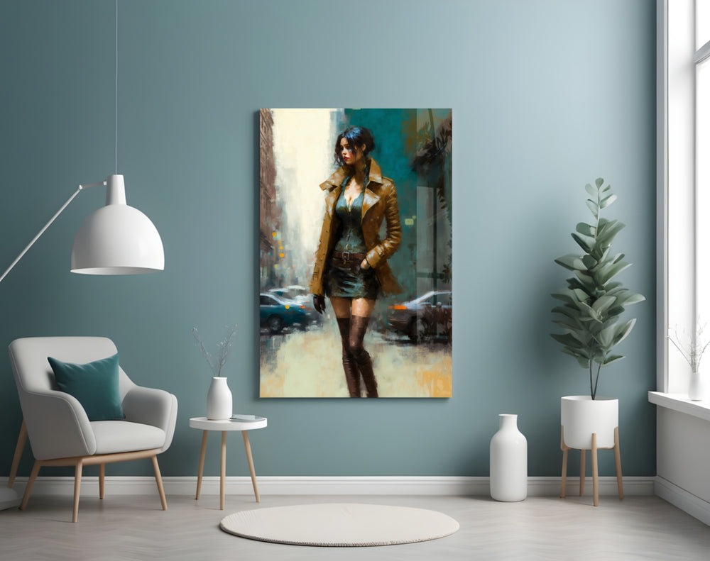 Pose Womanly glass wall art styled above a velvet bench in a powder room