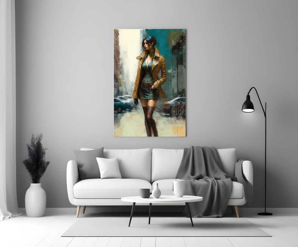 Pose Womanly close-up showing tan trench coat and green corset on foggy street