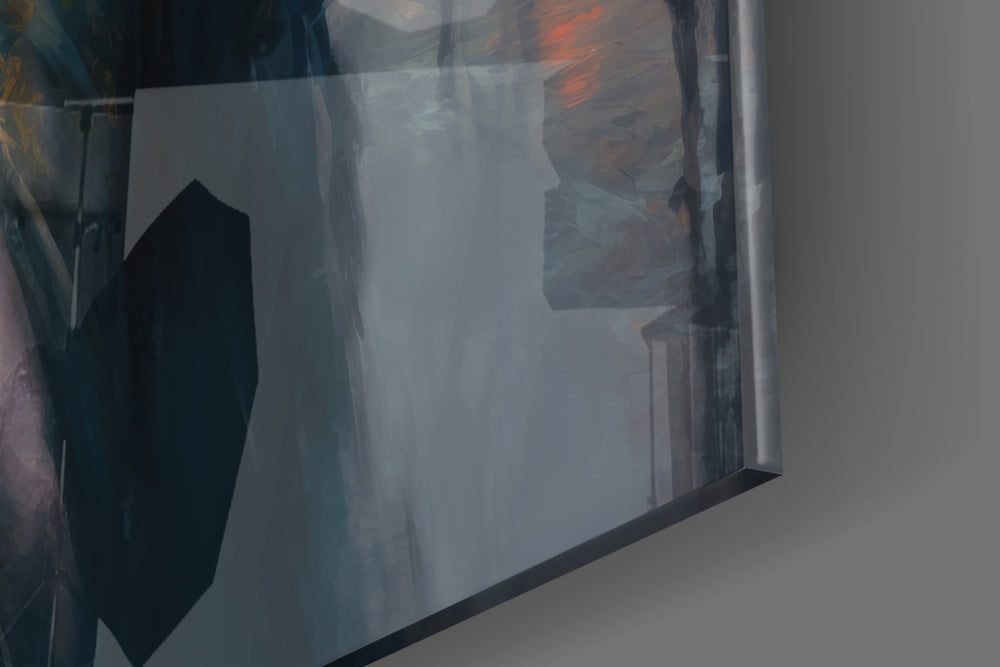 Midnight-muse artwork anchoring a wall with midnight-and-amber palette