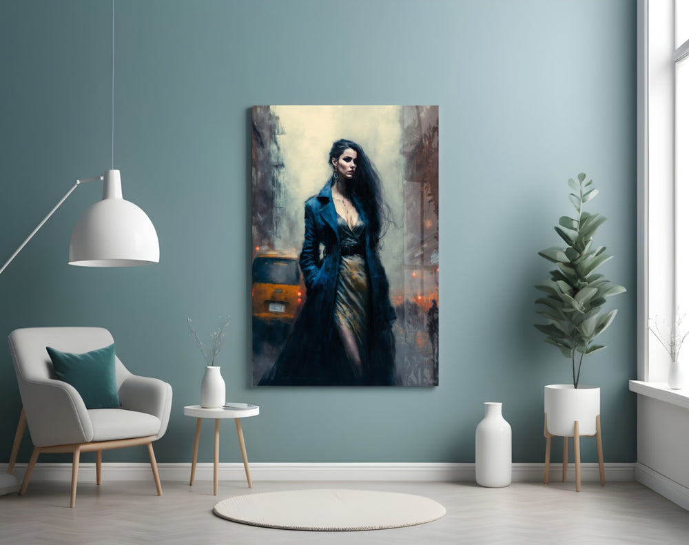 Stand Womanly glass wall art styled above a velvet bench in a powder room