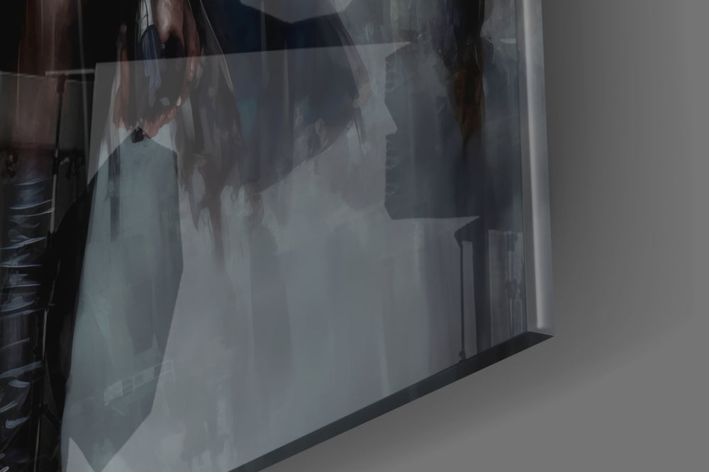 Leather-muse artwork anchoring a wall with slate-and-onyx palette