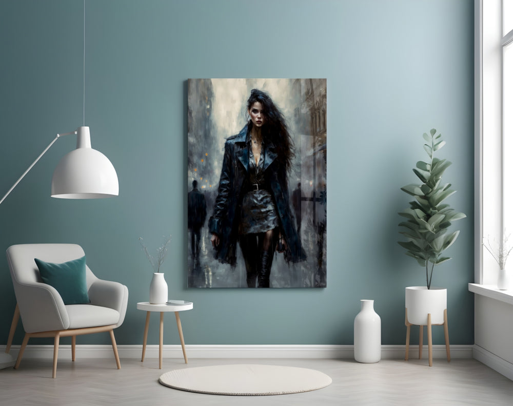 Walk Womanly glass wall art styled above a velvet bench in a powder room
