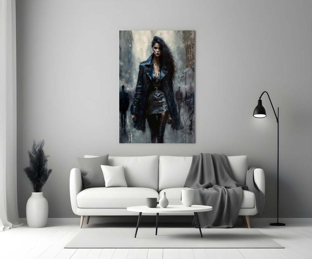 Walk Womanly close-up showing black leather trench and untamed dark hair