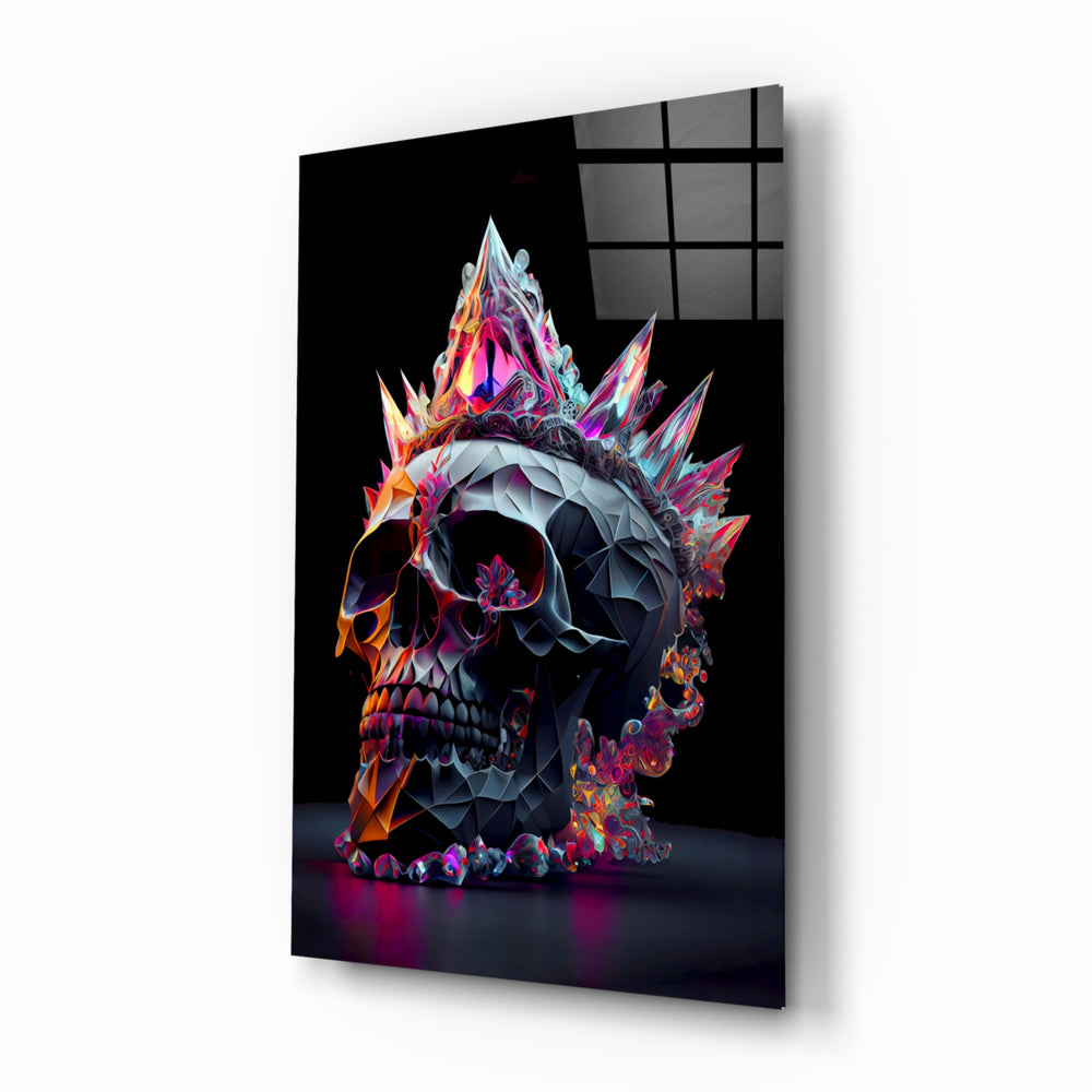 Diamond Skull glass wall art displayed above a leather sofa in a man cave with collector pulse