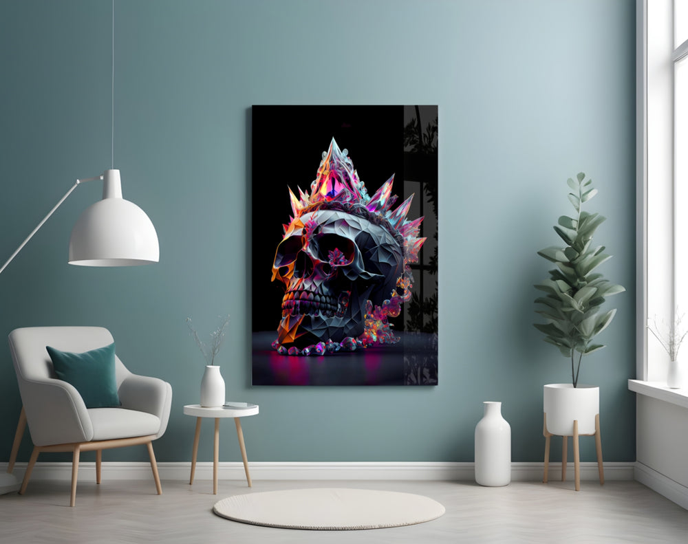Diamond Skull glass wall art styled above a console in a study