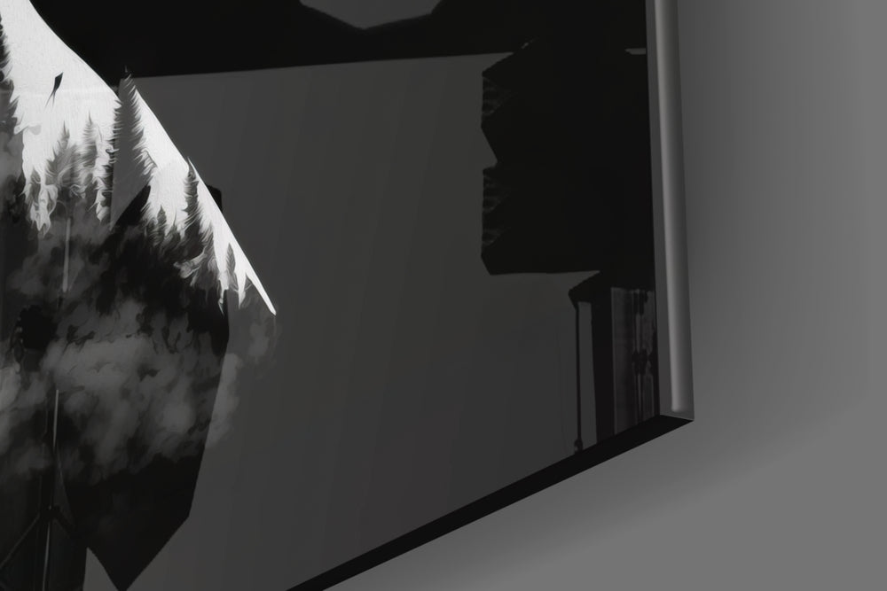 Inner-landscape artwork anchoring a wall with greyscale-and-cloud palette