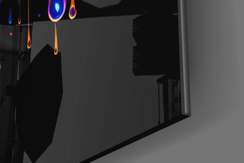 Rave-frog artwork anchoring a wall with onyx-and-neon palette