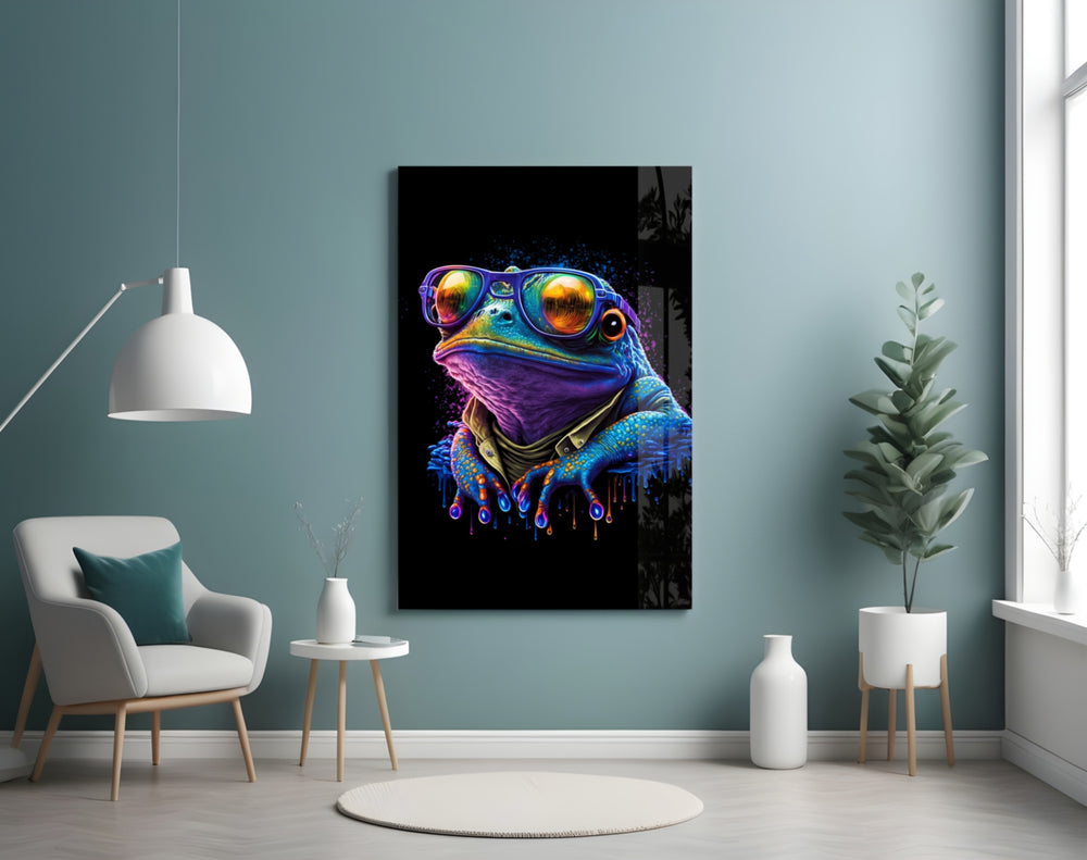 Cool Frog glass wall art styled above a shelf in a kid's room