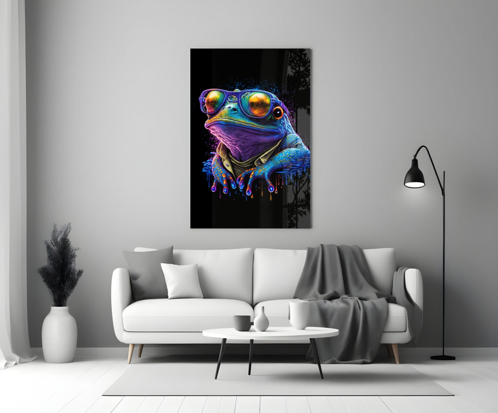 Cool Frog close-up showing rainbow-mirror sunglasses and dripping pop colors
