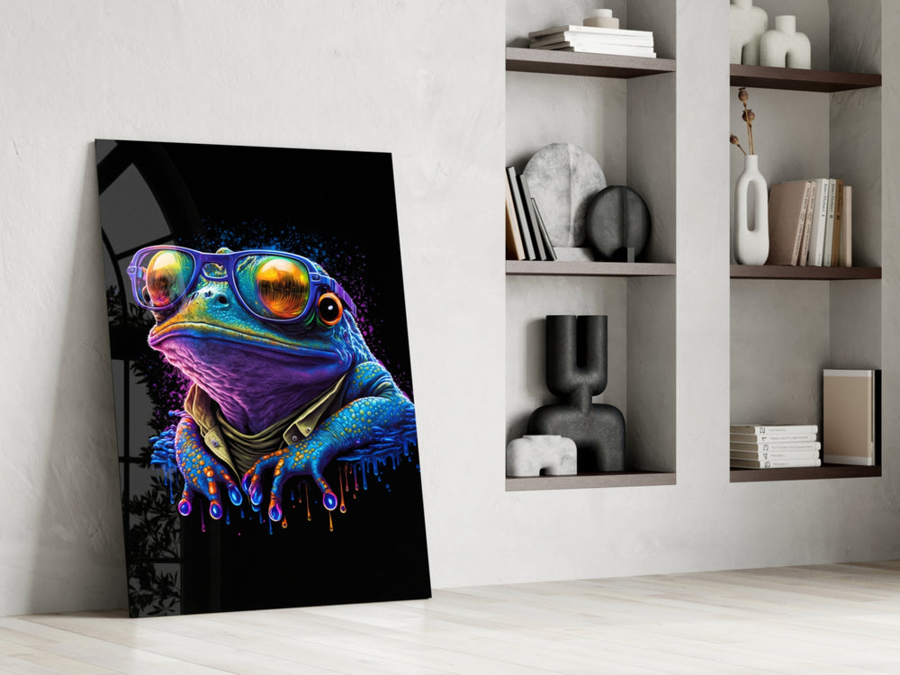 Cool Frog glass print enhancing a hallway with playful palette