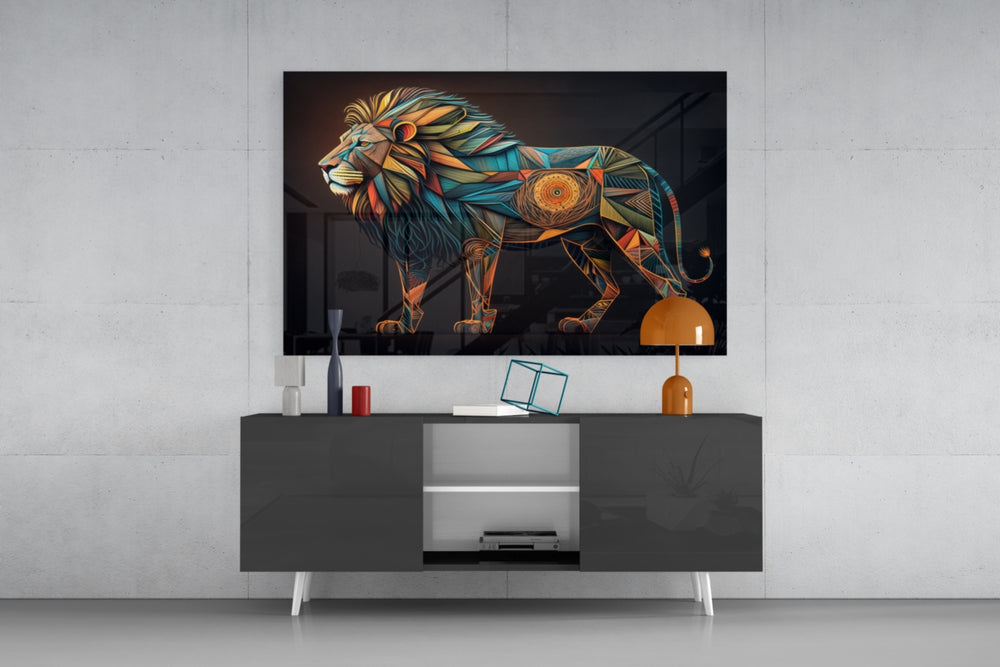 Lion panel catching lamp light to reveal its totemic pulse