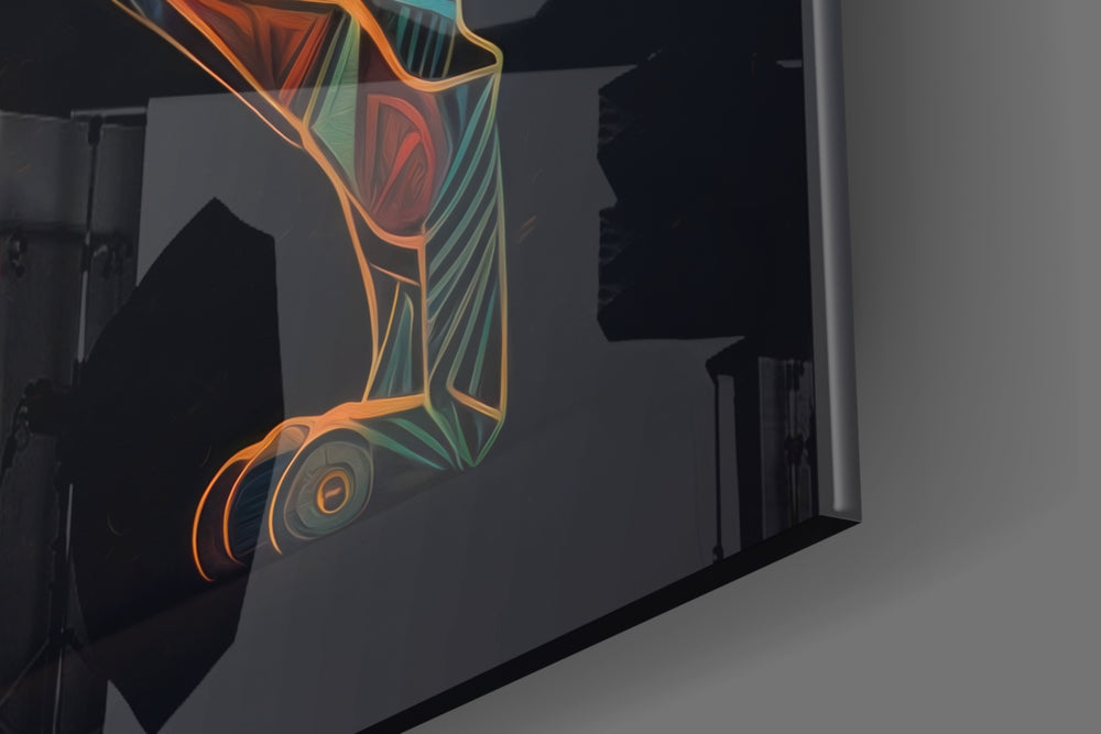 Tribal-faceted artwork anchoring a wall with onyx-and-saffron palette