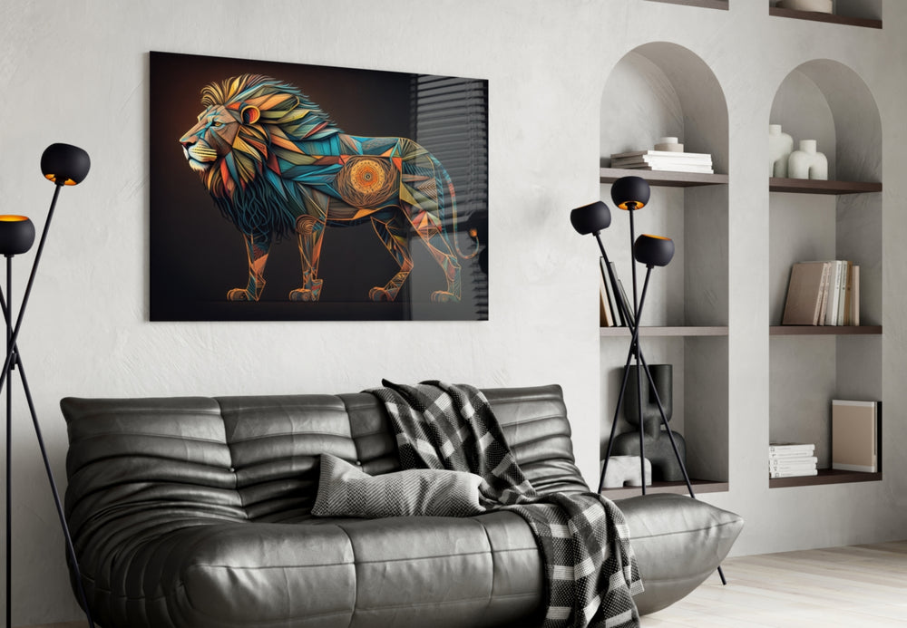 Lion glass wall art styled above a console in a gallery wall