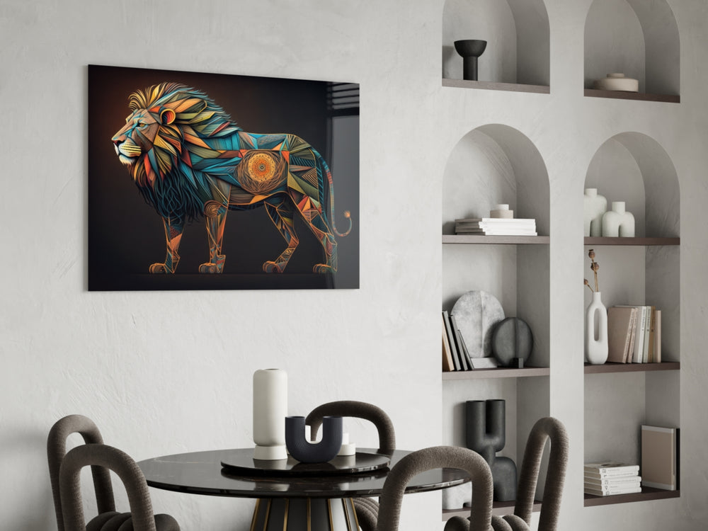Lion panel adding editorial gravity to a reading nook