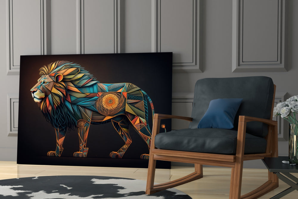 Lion glass print enhancing a hallway with totemic palette